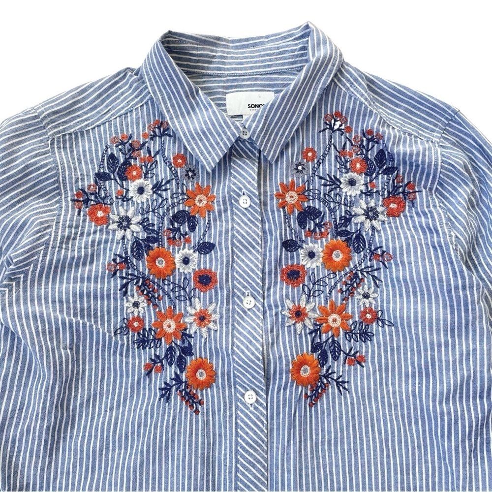 Sonoma Blue & White Striped Shirt, Flower Embroidery, Long Sleeve, Sz Medium - Picture 4 of 6